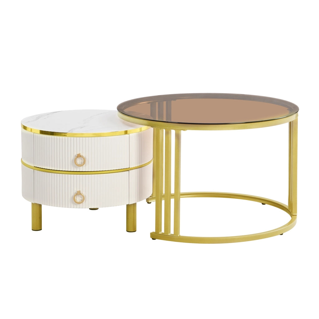 TAVOLINO DA CAFFÈ ROTONDO 70x70x45 + 50x50x40 cm Bianco Vetro MDF Set 2 pezzi