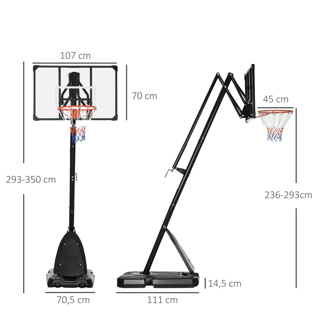 Supporto da basket regolabile in altezza da 293 a 350 cm con tabellone in acciaio su ruote per giardino e campo sportivo.