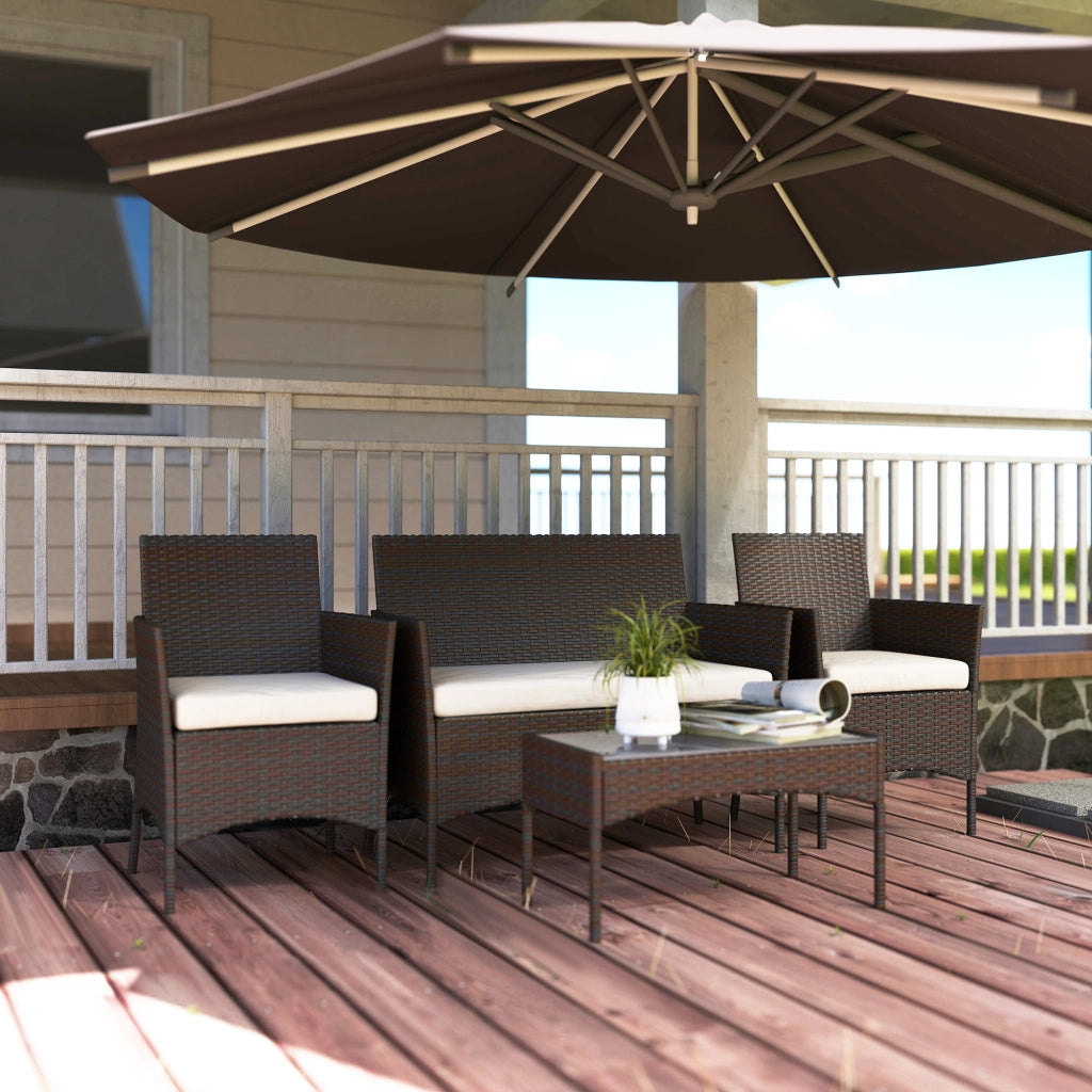 Set da Giardino 4 Pezzi con Divano 2 Sedie e Tavolino Basso con Piano in Vetro in Rattan Beige e Marrone