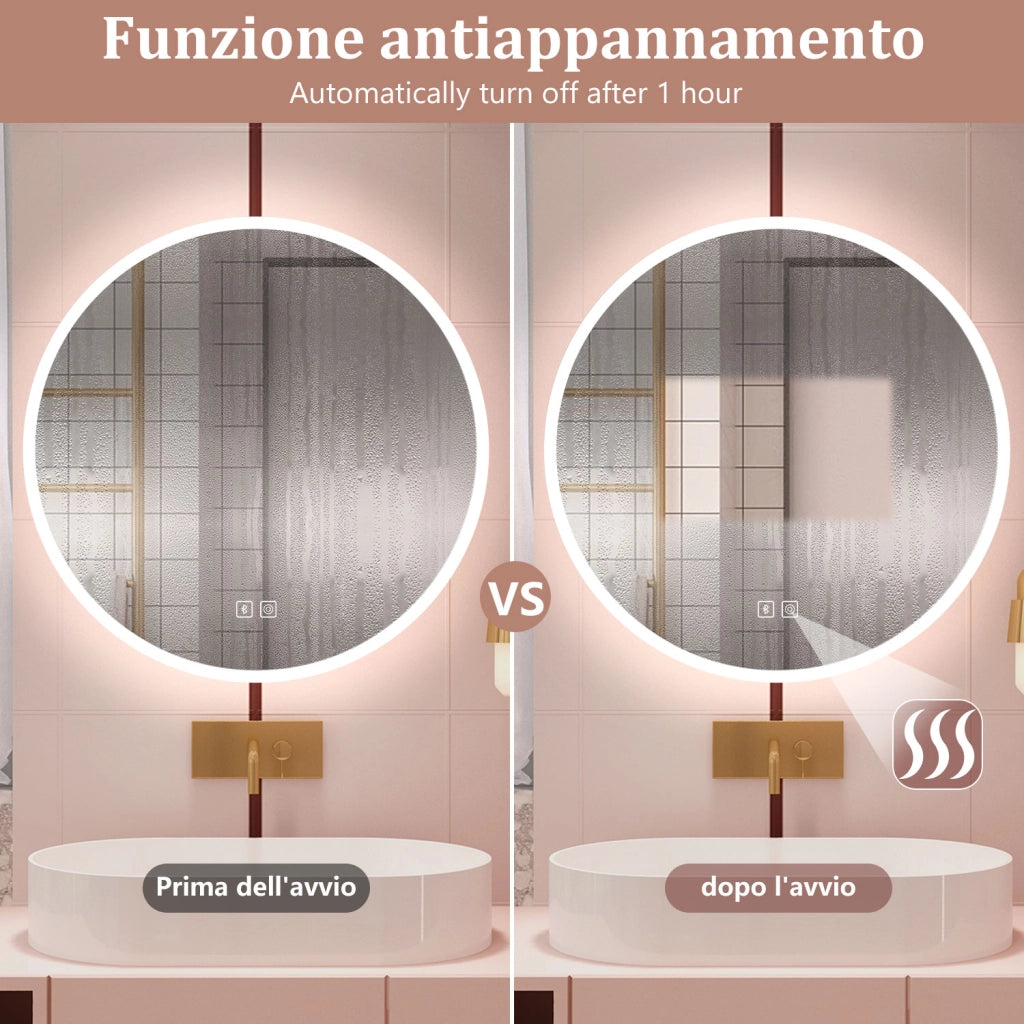 Aica Specchio da bagno a LED+70x70cm+Bluetooth+3 Temperature di Colore+Funzione Antiappannamento