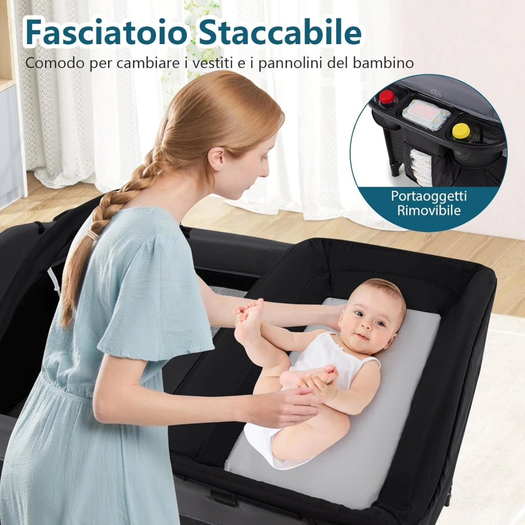 Lettino da Viaggio Pieghevole, Culla Portatile per Bambini, Lettino per Bambini con 4 Altezze Regolabili, Fasciatoio, Materasso, Box Bambini, per Bambini 0-3 Anni