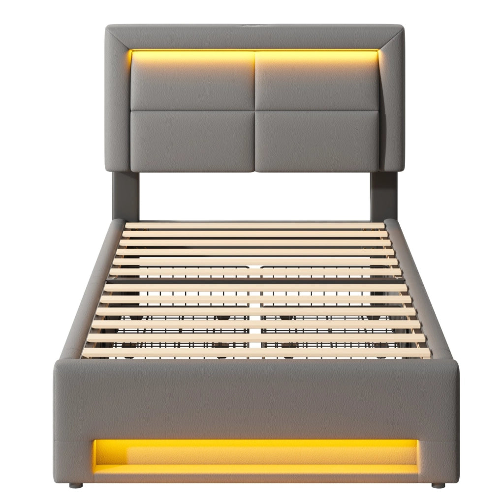 Letto imbottito 90x190 cm in PU grigio con USB; LED e quattro cassetti