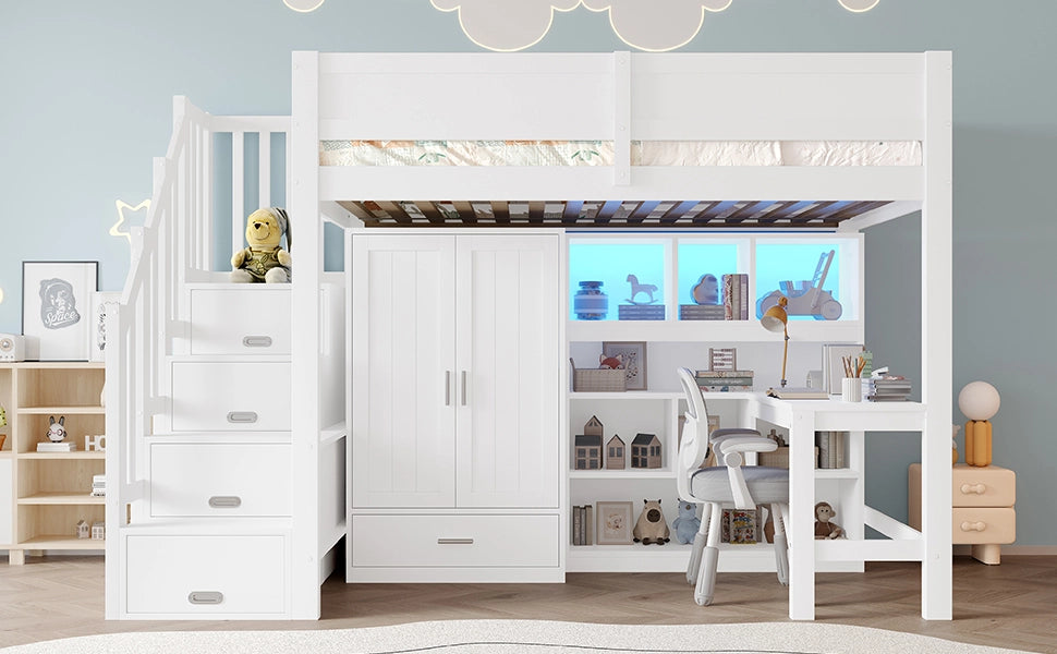 LETTO A CASTELLO 90x200 cm con scrivania, ripiani, armadio e LED, bianco