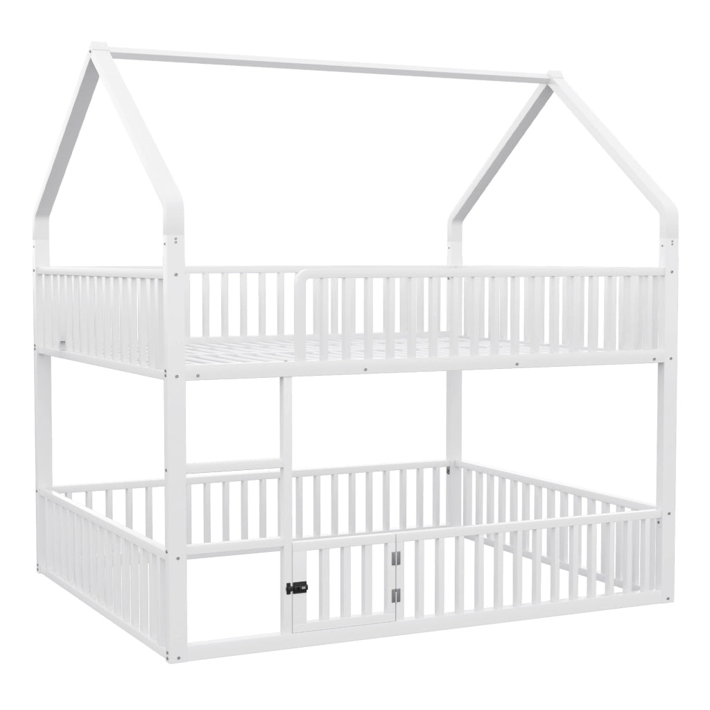 Letto a castello in metallo 140x200 cm; bianco; con struttura a casetta e scala frontale