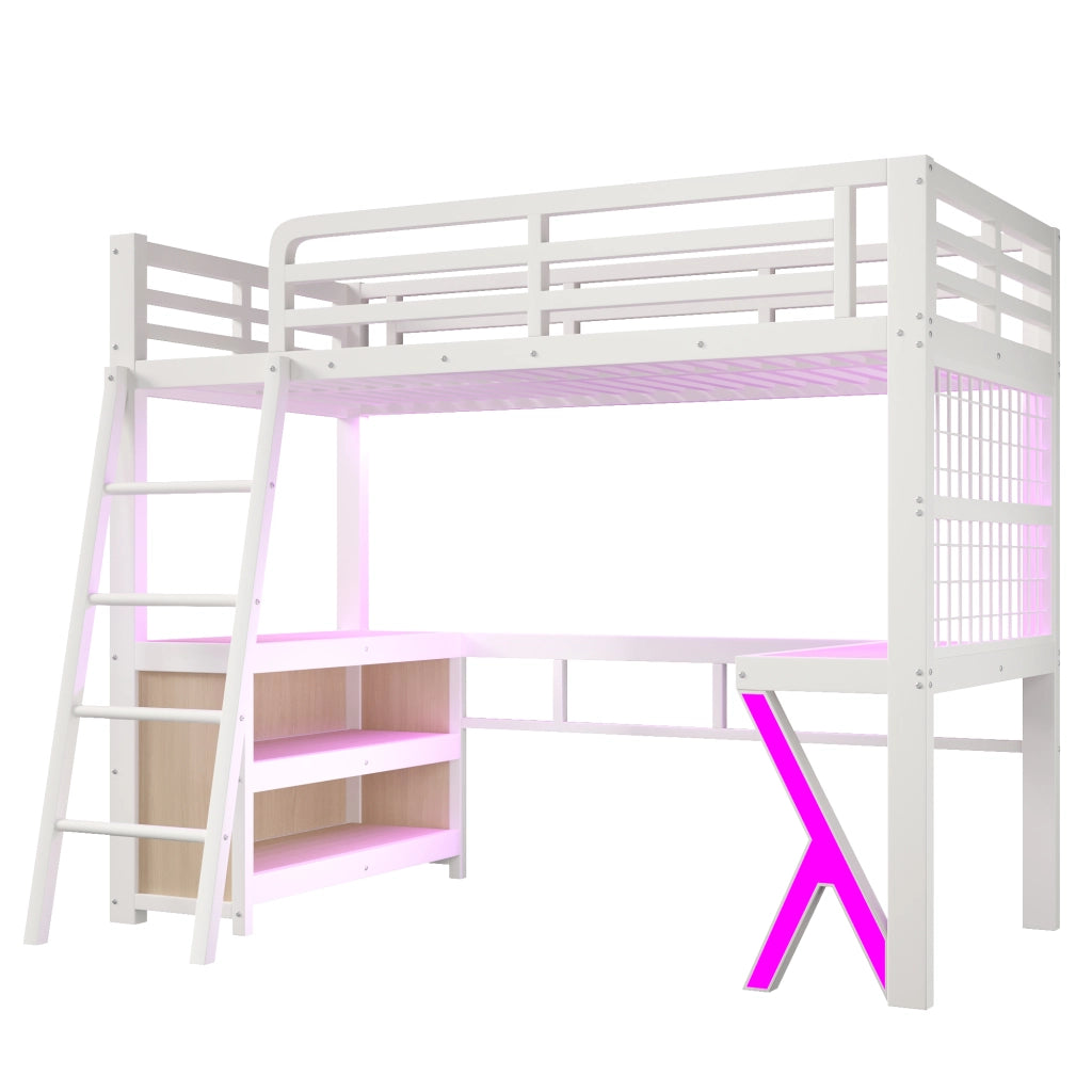 Letto a soppalco 90x200 cm con scrivania; armadio e striscia LED; in metallo e MDF bianco