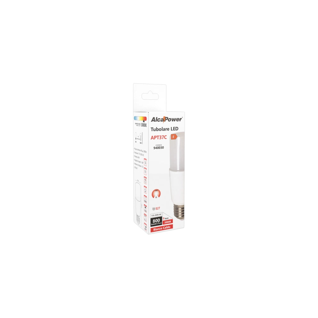 Alcapower Tubolare LED T37 9W E27 800lm 3000K Luce Calda, Classe F, 25000 Ore di durata, tecnologia a basso consumo energetico e 0% Mercurio