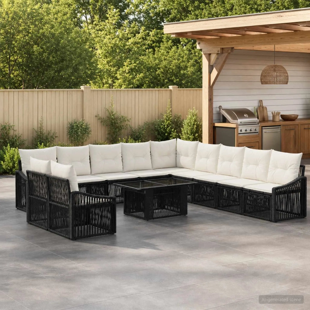 Set Divano da Giardino 12 pz Nero e Bianco Crema polyrattan 3437275
