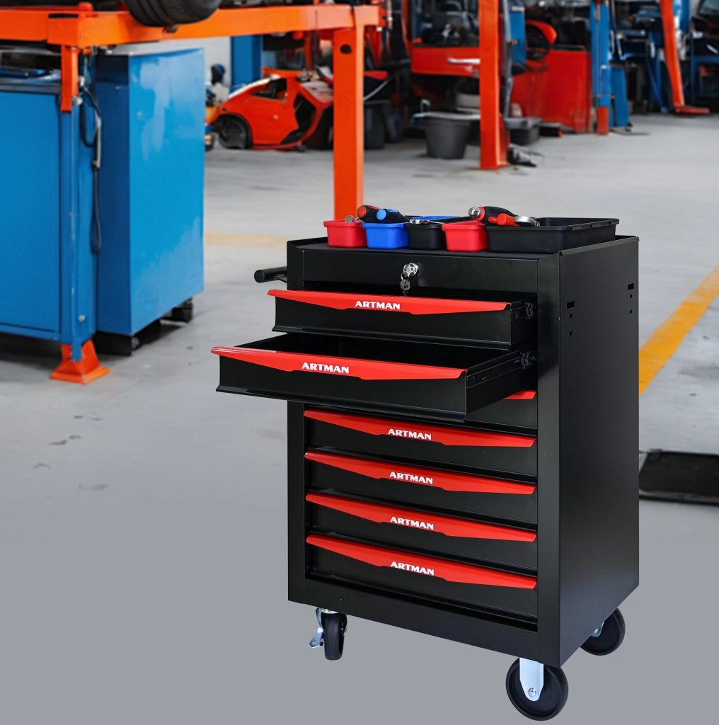 Carrello portautensili mobile in acciaio con 7 cassetti, 60x33x77,5 cm, colore nero e rosso