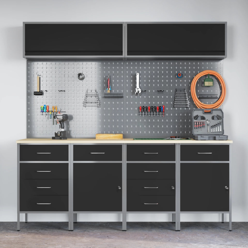 Set di Armadietto da Lavoro e Pannello Forato da 10 Pezzi  in MDF e Metallo Nero