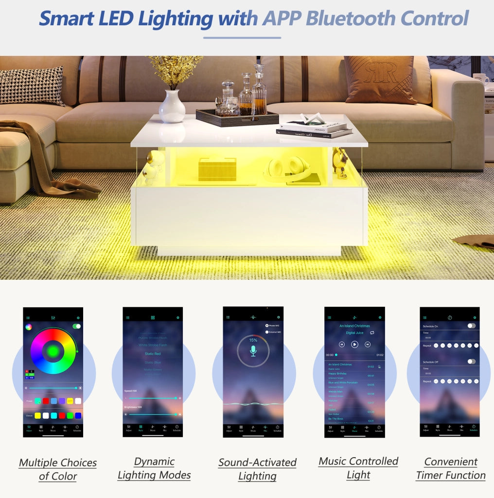Tavolino da salotto moderno bianco 70x70x41 cm con LED; 2 cassetti e vano trasparente