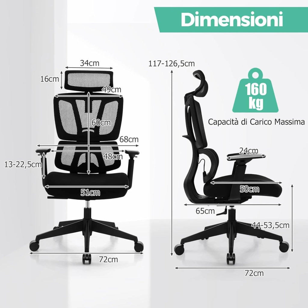 Sedia da Ufficio Ergonomica, Sedia da Scrivania Regolabile e Inclinabile, Sedia Girevole in Rete Traspirante, con Poggiatesta e Braccioli Regolabili, 72 x 72 x 117-126,5 cm