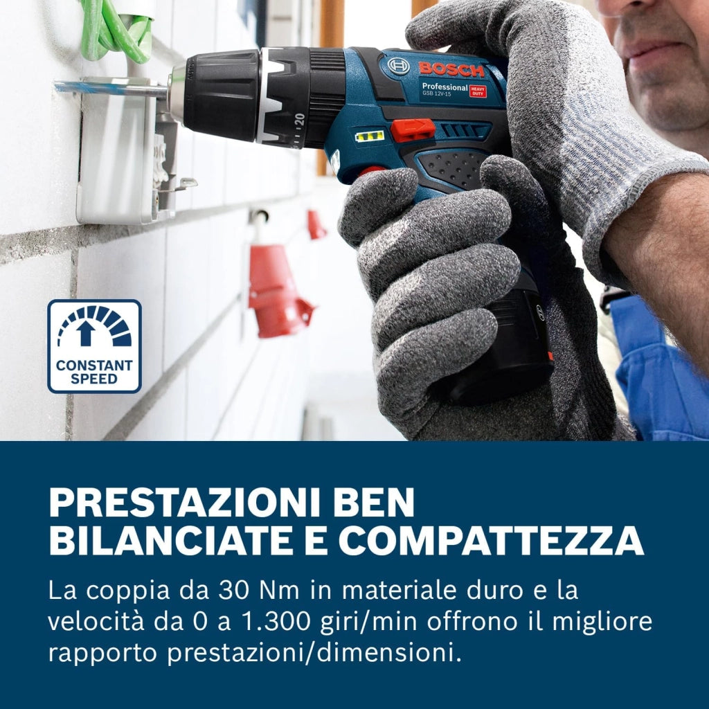 Bosch Professional 12V System Trapano-Avvitatore con Percussione a Batteria Gsb 12V-15, Batteria e Caricabatteria Non Include, in Scatola di Cartone