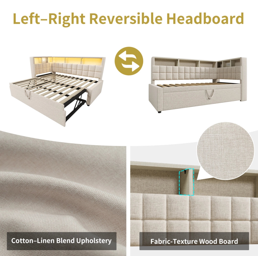 Letto singolo estraibile 90x200 beige con LED, USB-C e Bluetooth