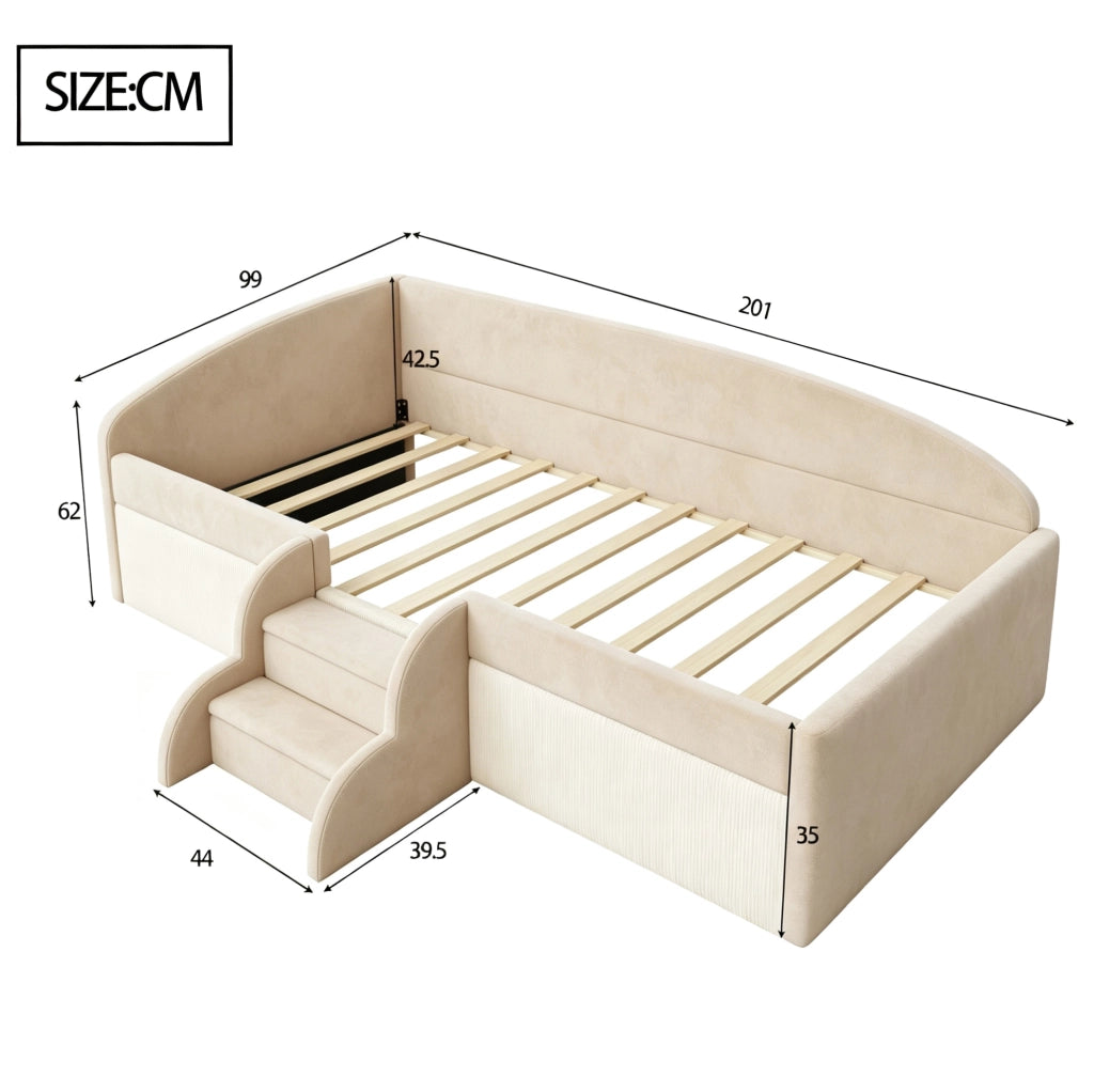 Letto imbottito bambini 90x190 cm con gradini e sponde in velluto beige