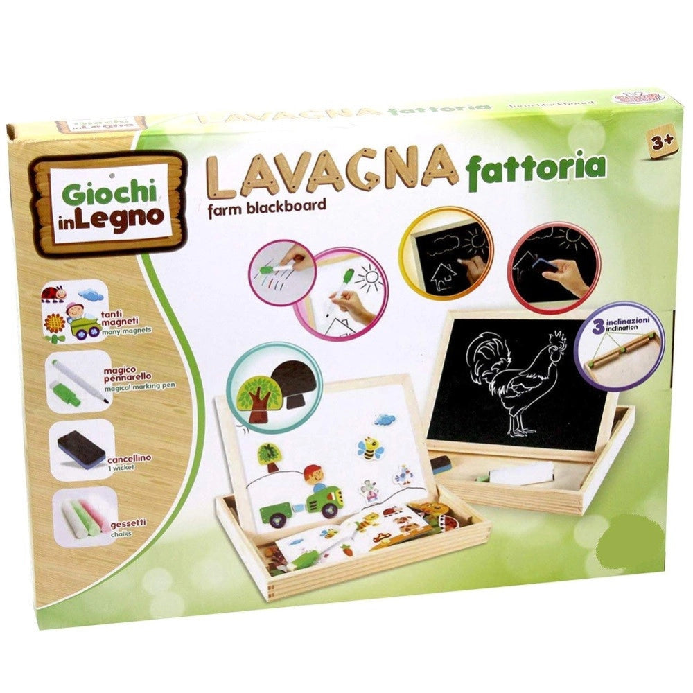 Trade Shop - Scatola Lavagna In Legno 2 Lati Gessetti Pennarelli E Magneti Animali Fattoria -