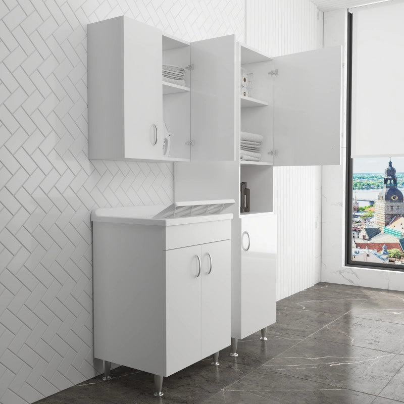 Mobile lavanderia lavatoio in nobilitato idrofugo  Lavatoio 60x50 con colonna e pensile 2 ante  Bianco da interno  Negrari