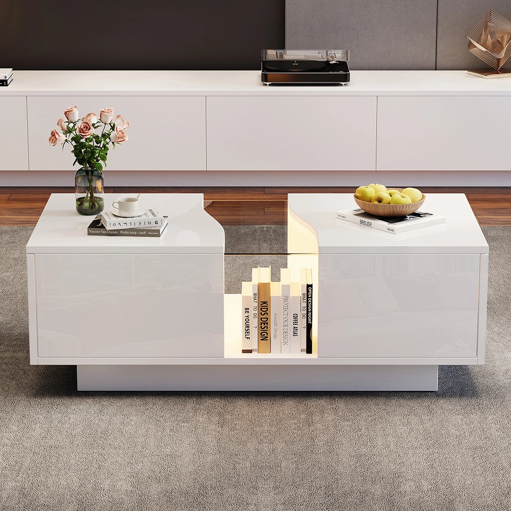 Tavolino-Xylo-100x50x35cm bianco 2 cassetti LED acrilico