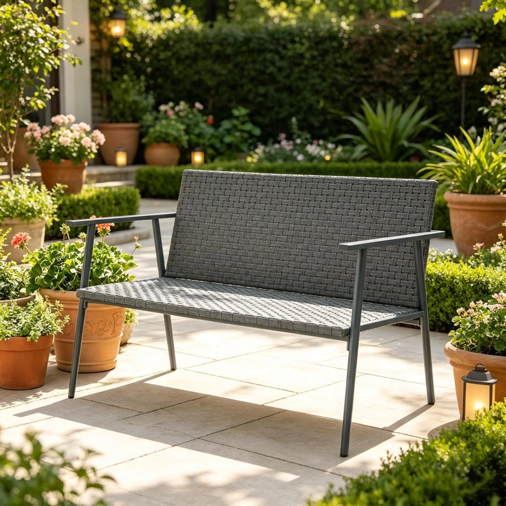 PANCA DA GIARDINO 110x58x78 cm in resina intrecciata e acciaio grigio