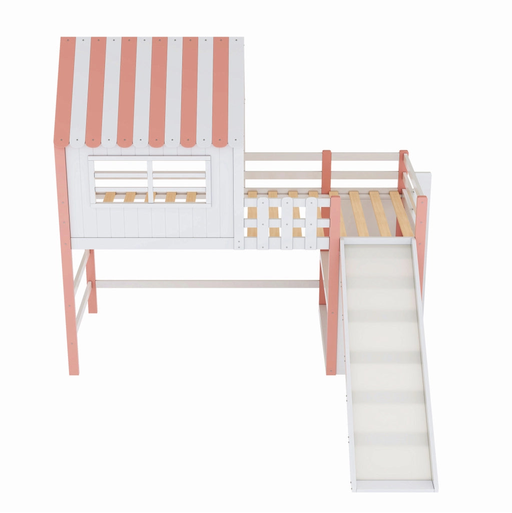 Letto a soppalco per bambini 90x200 cm con scivolo e ripiani in rosa