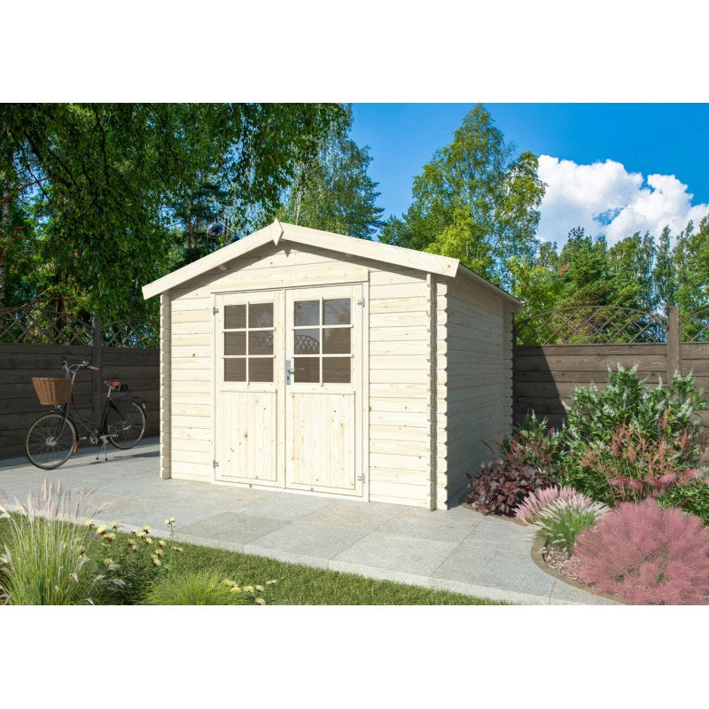 Casetta da giardino in legno grezzo 300x300 cm con pareti 28 mm e porta doppia vetrata 7,6 m² - Esterni da Vivere