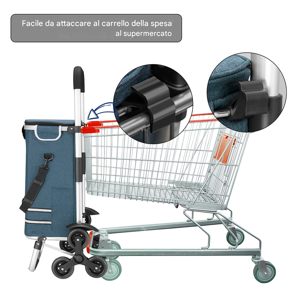 Carrello Spesa Montascale 56L Blu Borsa Termica Trolley Portaspesa con Tracolla