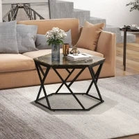 Tavolino da Salotto Moderno con Piano Effetto Marmo e Struttura in MDF e Acciaio, 81x70x51.2 cm, Nero