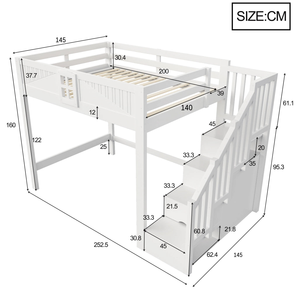 Letto a soppalco 140x200 cm con parapetto a finestra e scala contenitore reversibile; struttura in legno massello; bianco