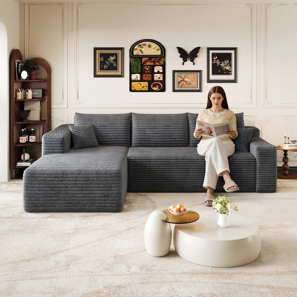 Divano angolare con seduta profonda e schiuma morbida ad alta elasticità in tessuto grigio scuro 241 × 151 × 58 cm
