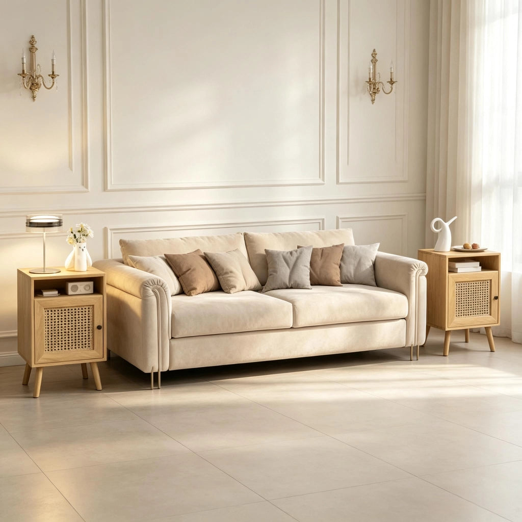 Set di 2 comodini con 1 vano aperto e anta in rattan, MDF e truciolato, per camera da letto, naturale, 39 × 35 × 60 cm