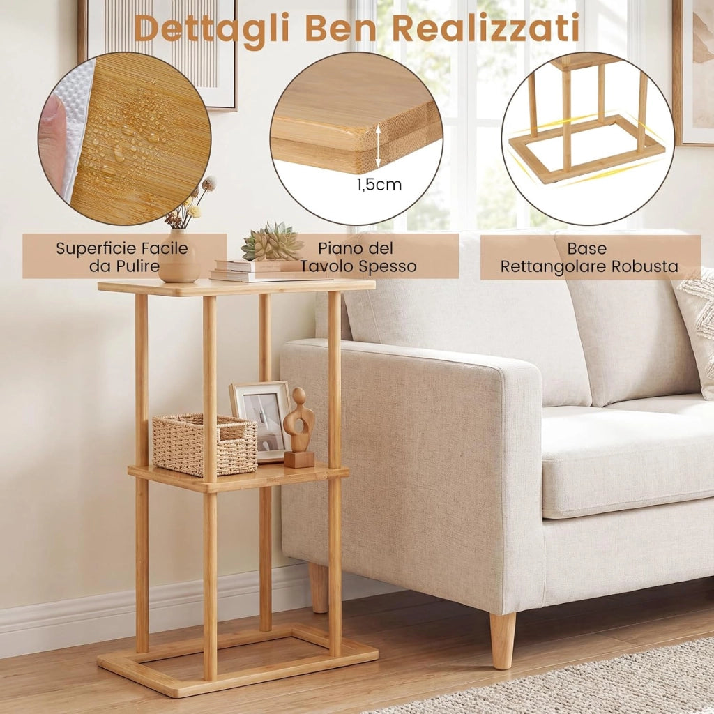 2 Tavolini Laterali da Salotto, Tavolino Rettangolare con Mensole Portaoggetti e Struttura in Bamboo, Tavolino Salvaspazio per Soggiorno, Camera da Letto e Ufficio