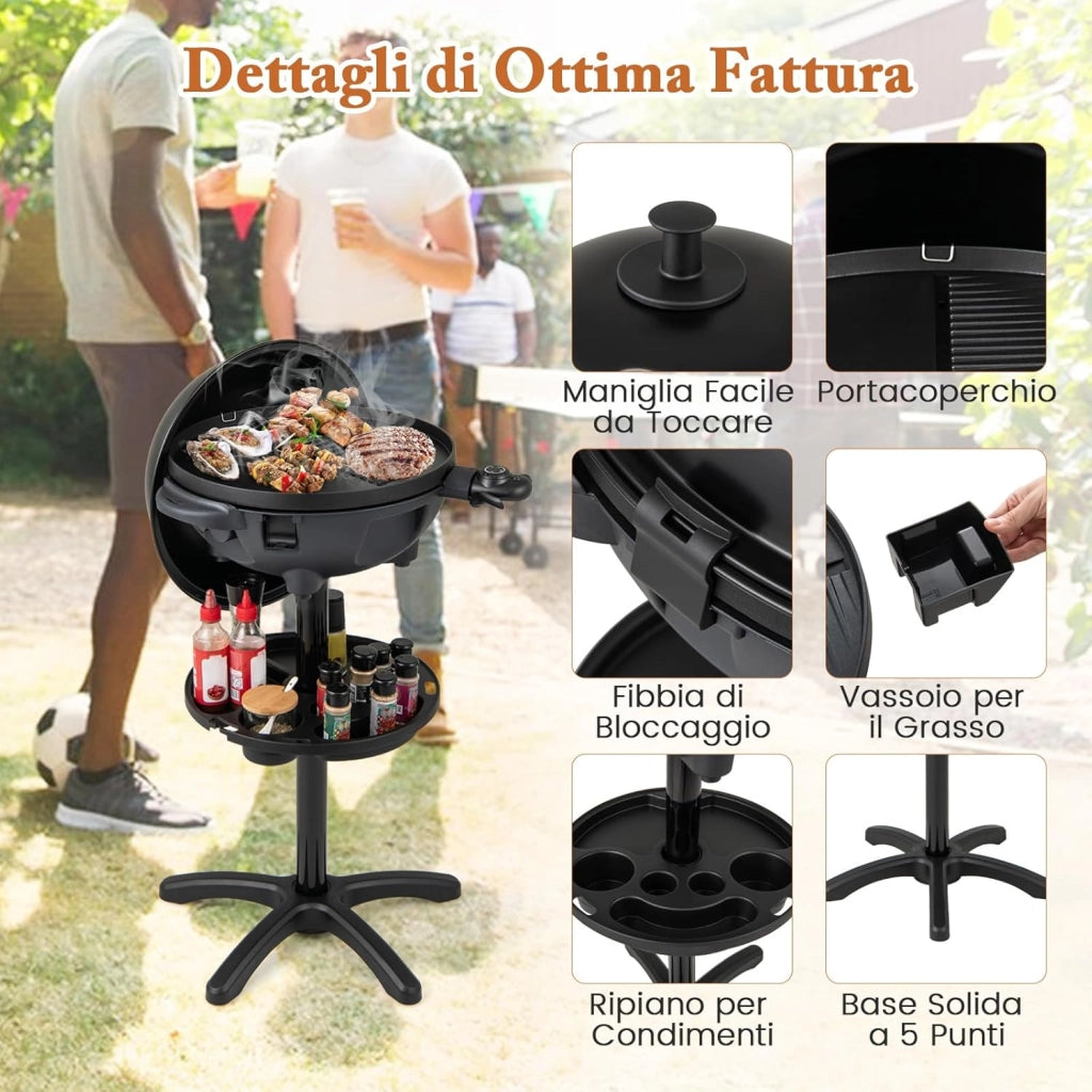 2 in 1 Barbecue Elettrico 1200W in Aluminio con Coperchio a Termometro, Barbecue da Tavolo con Mensola e Piedistalli, Griglia con Piastra Antiaderente per Interni ed Esterni, 63 x 63 x 100 cm