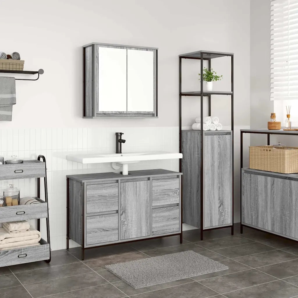 Set di mobili per il Bagno | Armadio da bagno con porta 2 pz Grigio sonoma e Nero