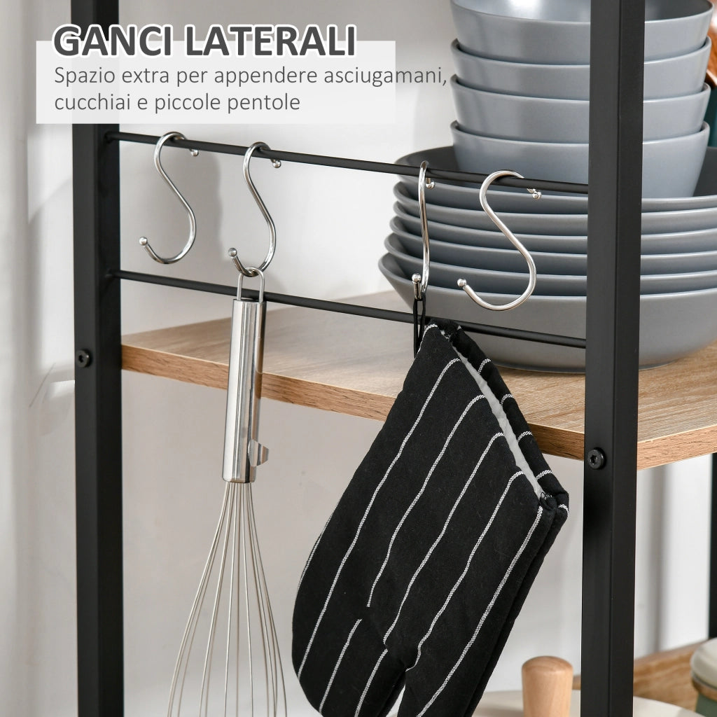 Mobiletto per Microonde con Ripiani e Ganci ¨C Zephmum ¨C Acciaio e Legno, 60x40x125 cm, Colore Legno