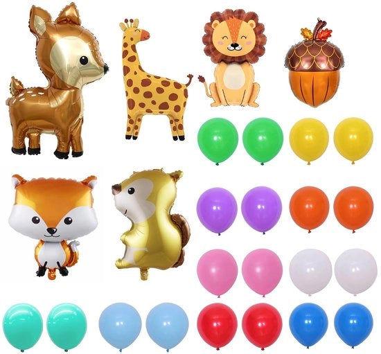 Foglie di Ballo Animali Giungla - 6 Capitelli Animali - 20 Ballooni Colorati - Decorazione di Festa - Facile da Usare - Foglia di Alluminio - Ballooni di Festa