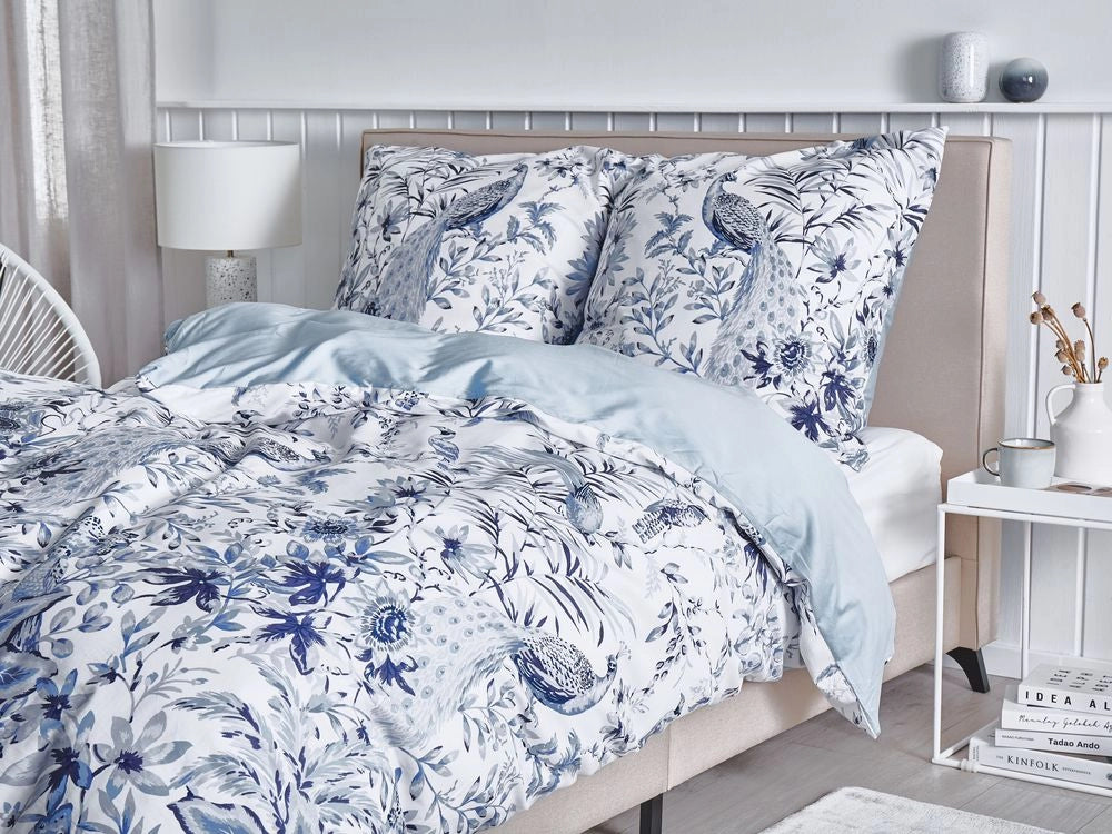Set copripiumino e federa in misto cotone bianco e blu motivo floreale 135 x 200 cm Camera da letto moderna Boho