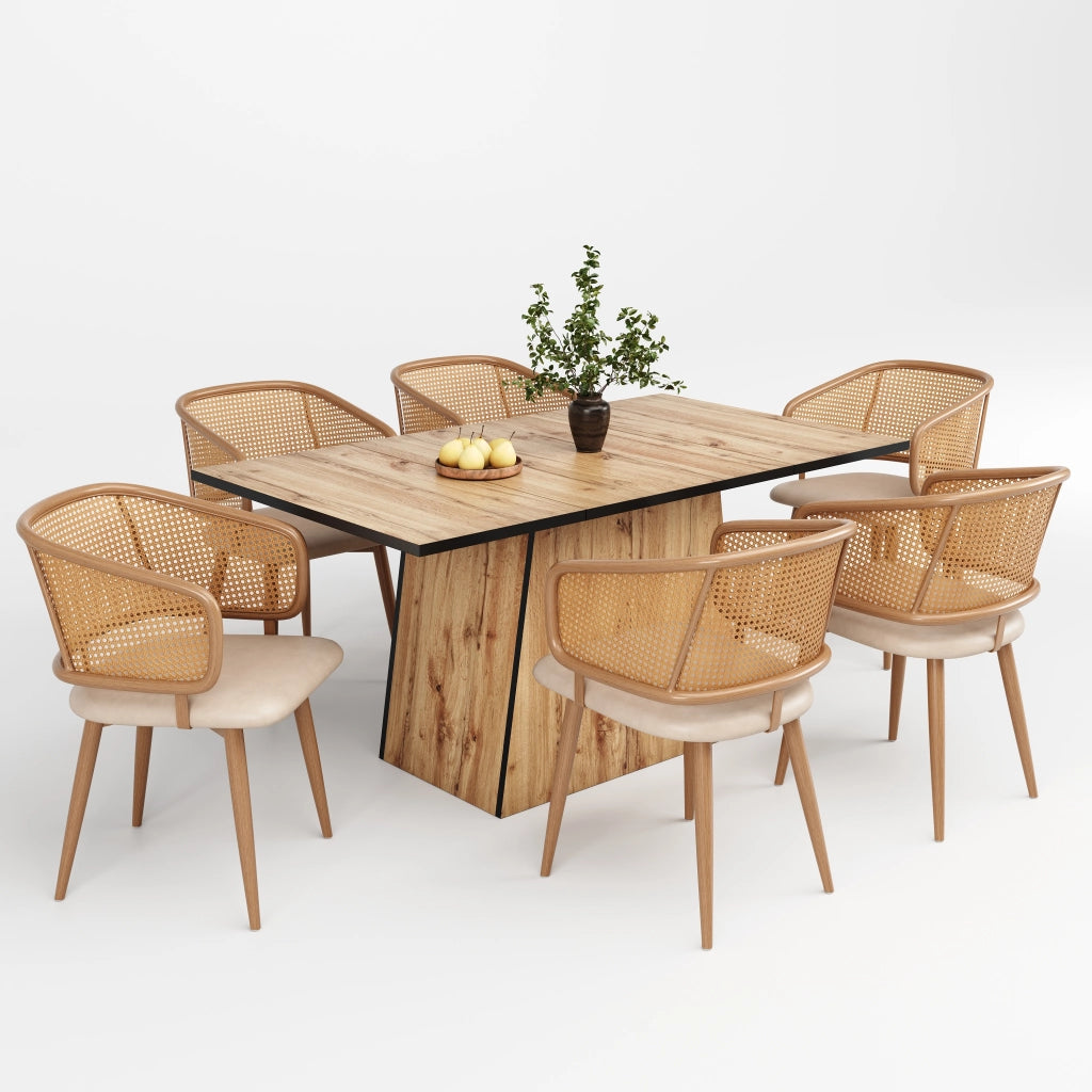 Set di 2 sedie da pranzo con schienale in rattan e seduta in PU beige e marrone