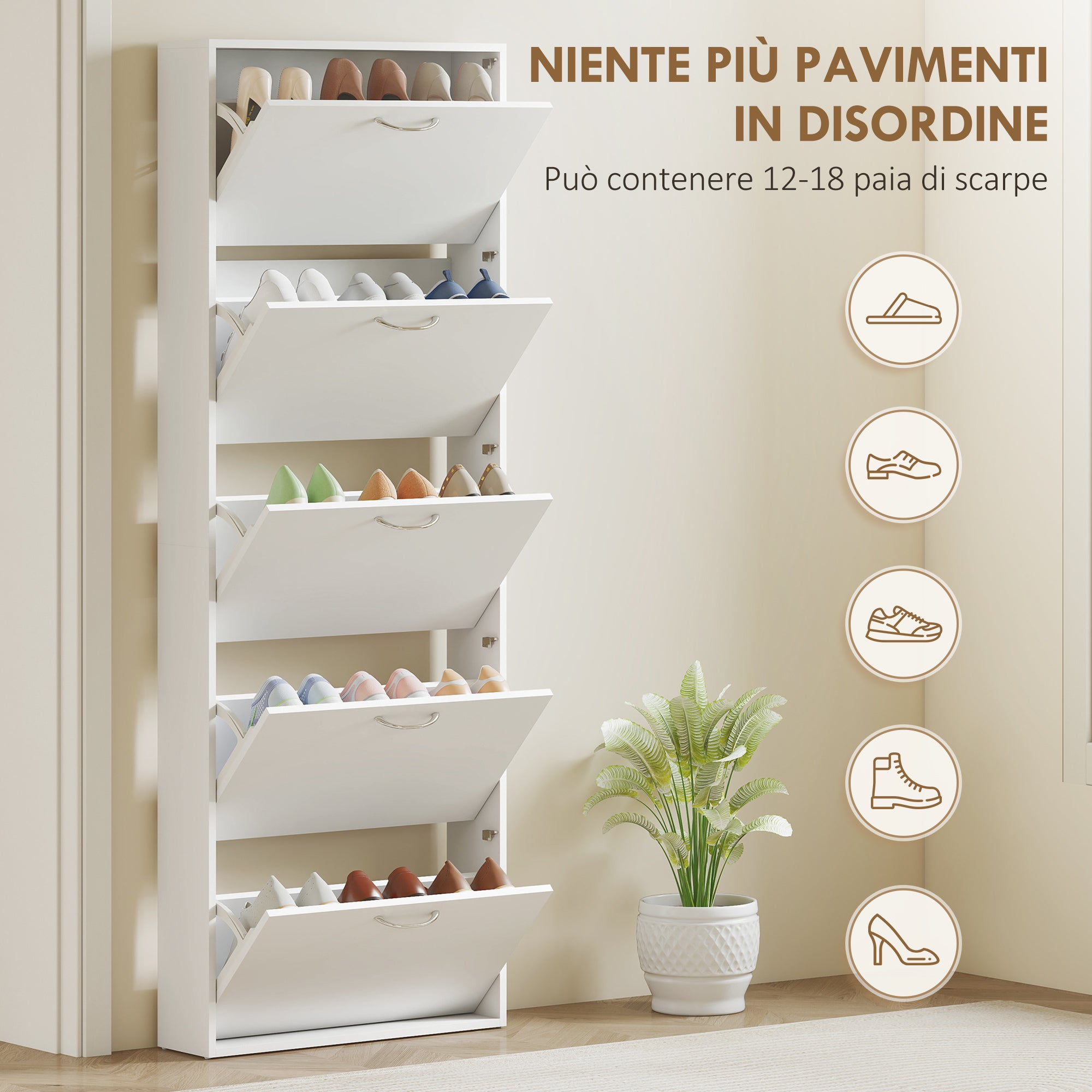 Mobile Scarpiera a 5 Ante Antiribaltamento 65x17x180.5 cm in Legno Bianco