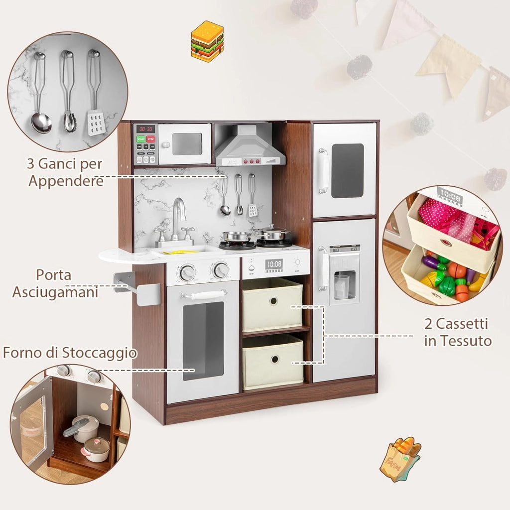 Cucina Giocattolo per Bambini, Cucina Legno per Bambini con Frigorifero, Macchina del Ghiaccio, Forno, Microonde, Lavello e Rubinetto, Funzione Luci e Suoni, per Bambini 3 Anni+
