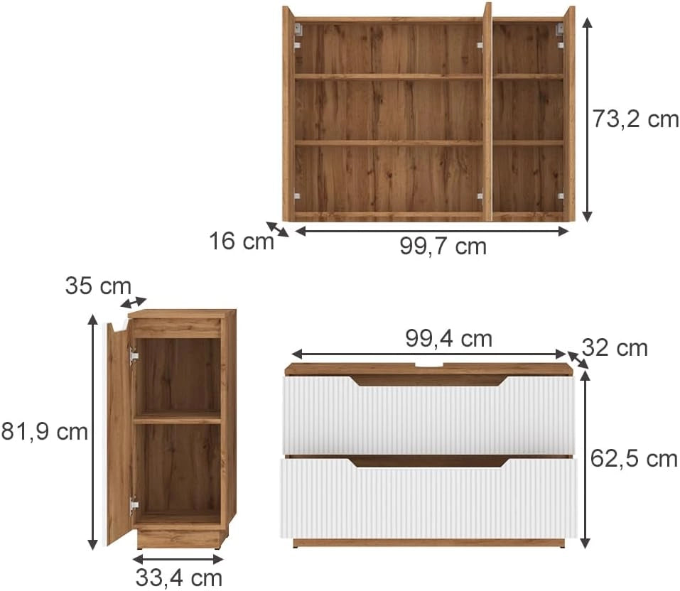 Set di mobili da bagno Lotta, Rovere/bianco a strisce, 3 parti