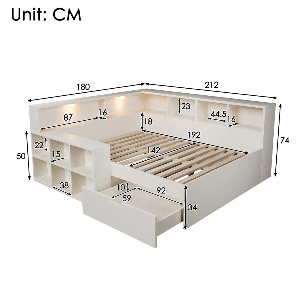 Letto matrimoniale 140x190 cm con cassetti; USB e luci integrate; in truciolare; MDF e compensato; bianco