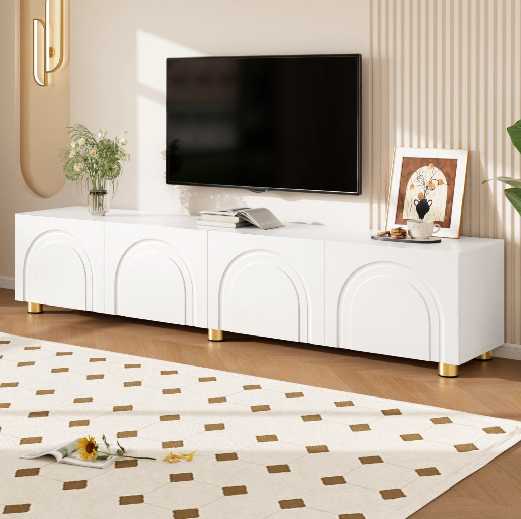 Mobile TV 180x35x40 cm con 4 ante e rilievo ad arco; MDF e pannello truciolare bianco