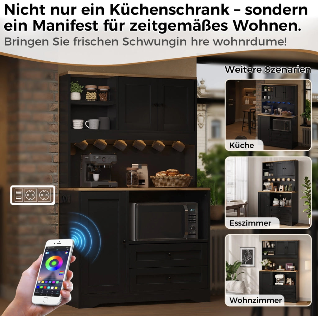 Credenza cucina multifunzione con LED, prese USB e ripiani regolabili