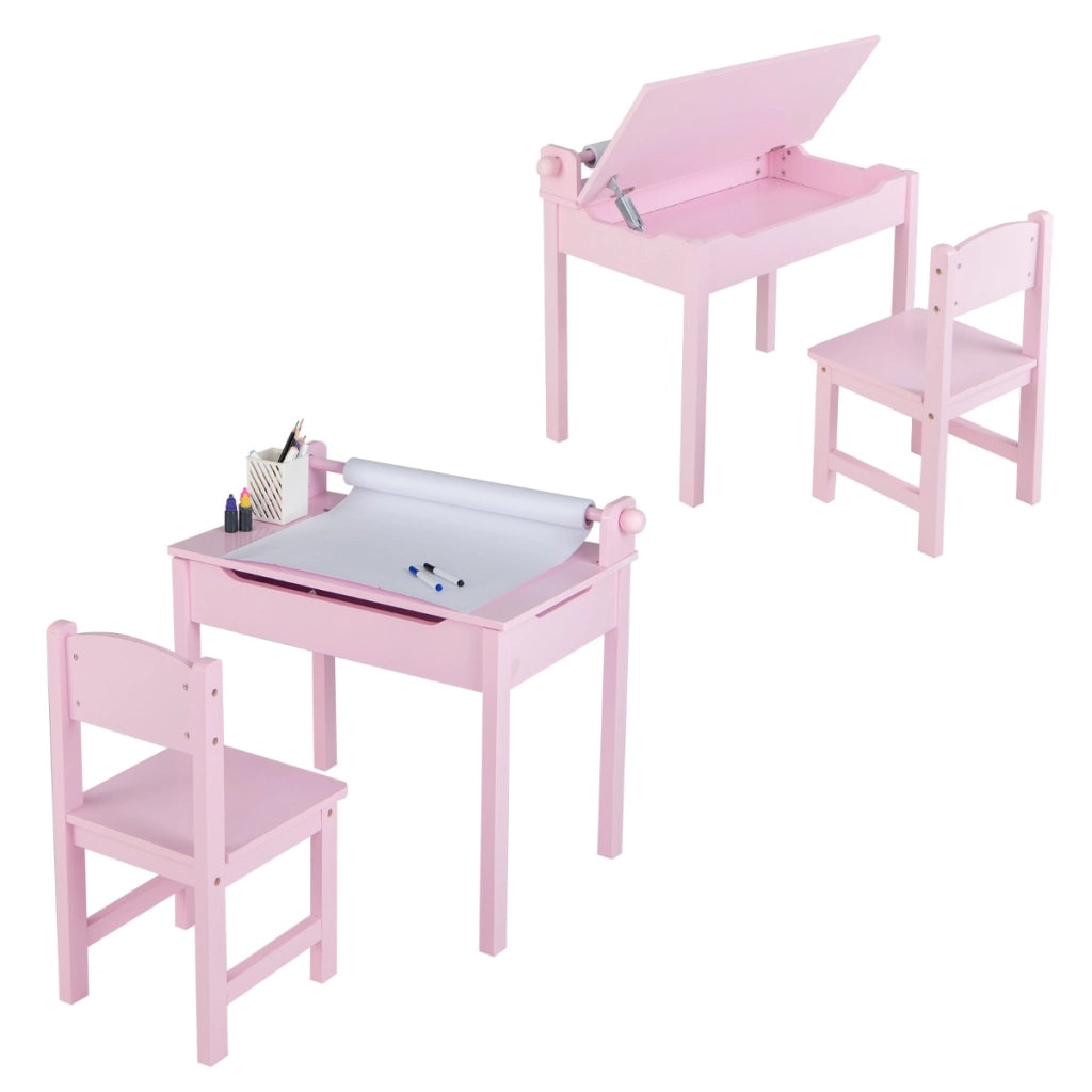 Tavolo per bambini con sedia vano portaoggetti e portarotolo per disegnare giocare, Set di tavolino con sedia Rosa-Tavoli e sedie