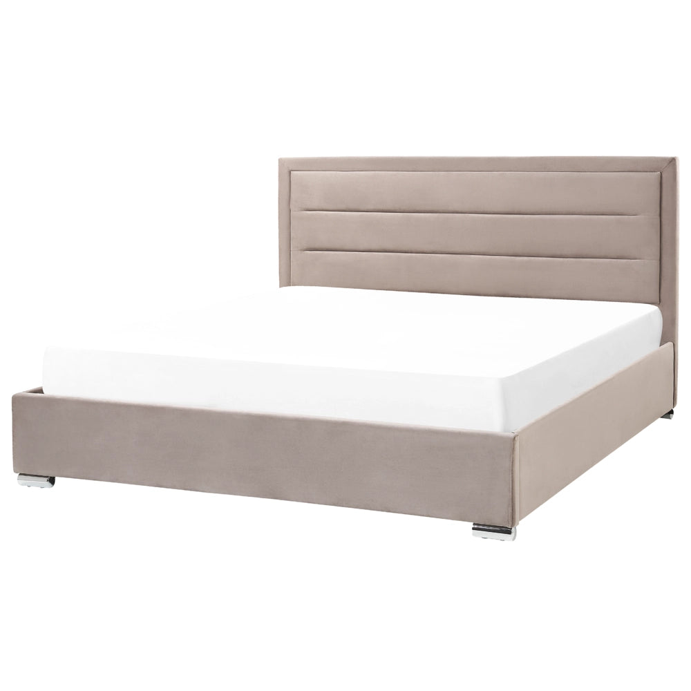Letto matrimoniale in velluto con contenitore tortora 180 x 200 cm design moderno imbottito con testiera ottomana