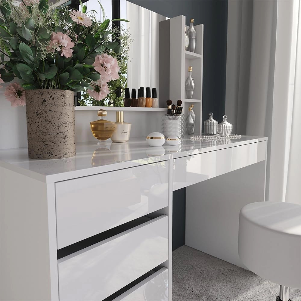 Tavolo da toeletta Sherry, Bianco/bianco lucido, 119.8 cm 5 parti