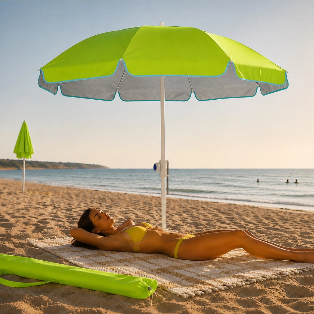 Ombrellone Mare Maxi 220 cm con Protezione UV, Palo a Vite e Inclinazione Regolabile, Parasole da Spiaggia con Presa d'Aria Antivento, Stecche Resistenti e Custodia Trasporto Verde Acido