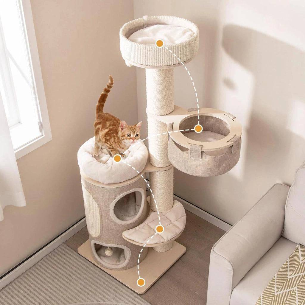 Albero per Gatti da 154 cm, Torre per Gatti Multi-livello con Condominio a 2 Piani, Ampio Piazzale, Tiragraffi in Sisal, Moderno Centro Giochi per Gattini