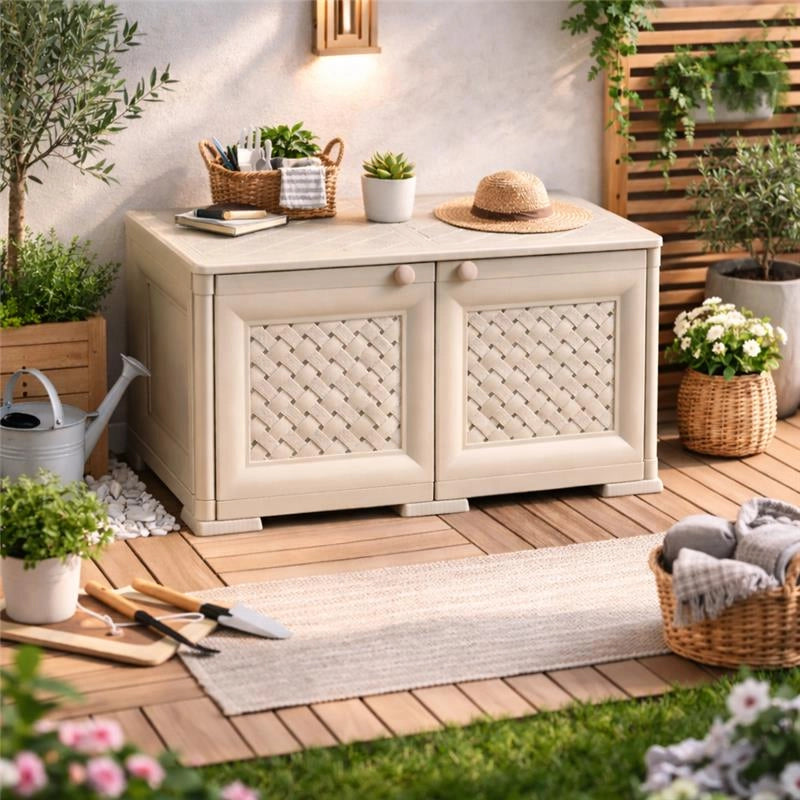 ARMADIO BASSO EFFETTO LEGNO ANGORA 79X43X46 CM CON ANTA TRAFORATA, MOBILE TV E CONTENITORE PER VERANDA E BALCONE COPERTO