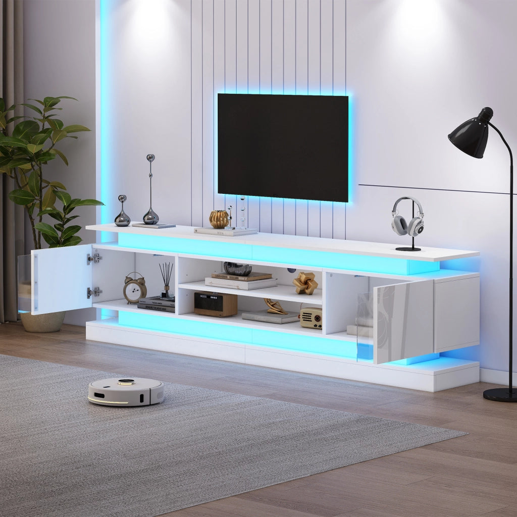 Mobile TV 180 × 35 × 60 cm 2 ante push to open con LED RGB Bluetooth e ripiani regolabili bianco lucido