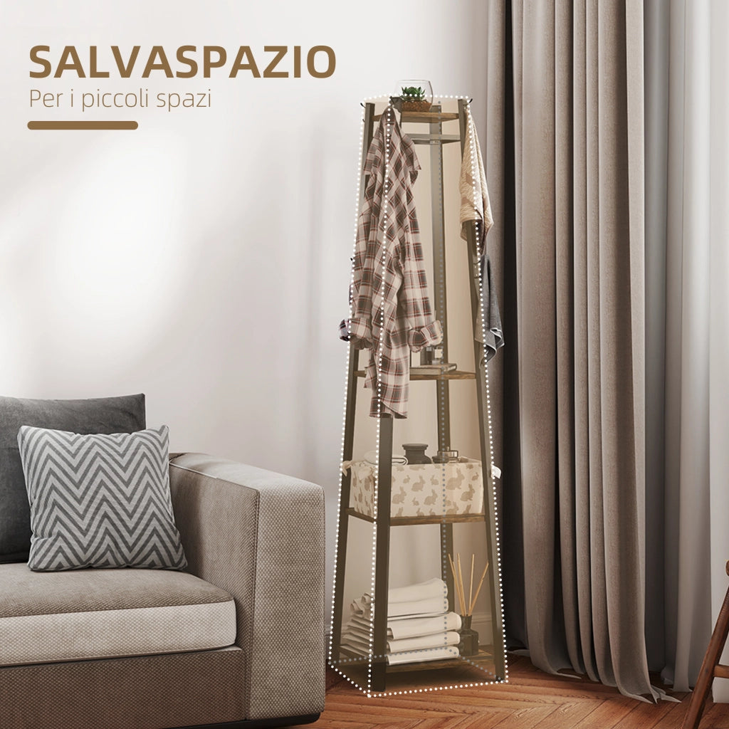 Appendiabiti da Terra 34x34x170 cm con 8 Ganci e 4 Ripiani in MDF Marrone